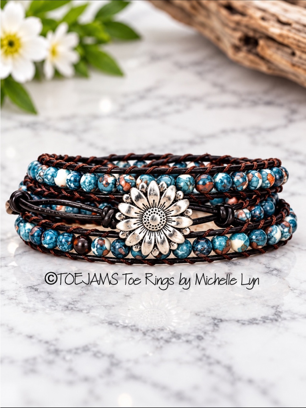 FRIENDSHIP BRACELET Daisy Button Leather and Quartz Adjustable Wrap Hand…